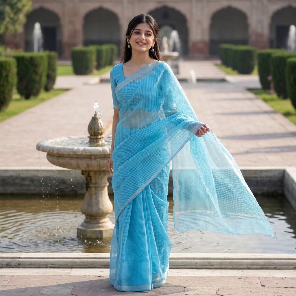 Sky Blue Kota Doria Saree — Airy Summer Look