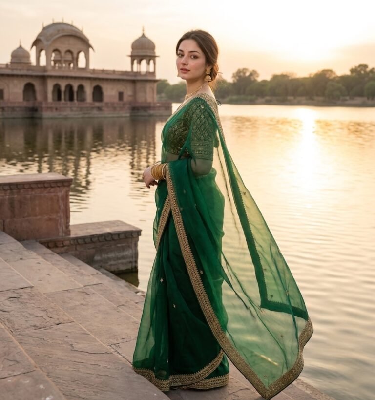 Emerald Green Saree by a Serene Lake