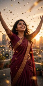 Golden Hour Rooftop Birthday in a Maroon Saree — AI Photo Prompt