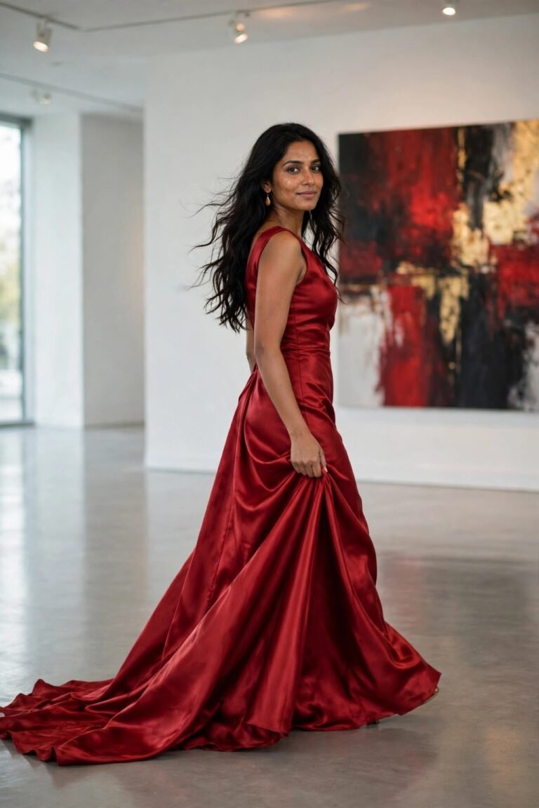 Woman in a flowing scarlet red satin gown walking through a modern art gallery, looking back over her shoulder