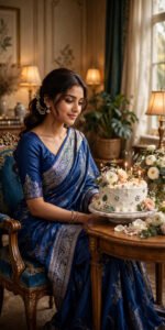 Vintage Chair Birthday Shoot in Royal Blue Saree — AI Prompt